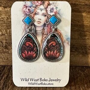 Vintage Droplet Shape Sunflower Print Dangle Earrings, Boho Western Style, Gift